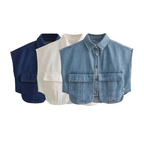 Women Fashion Sleeveless Button Up Denim Crop Top
