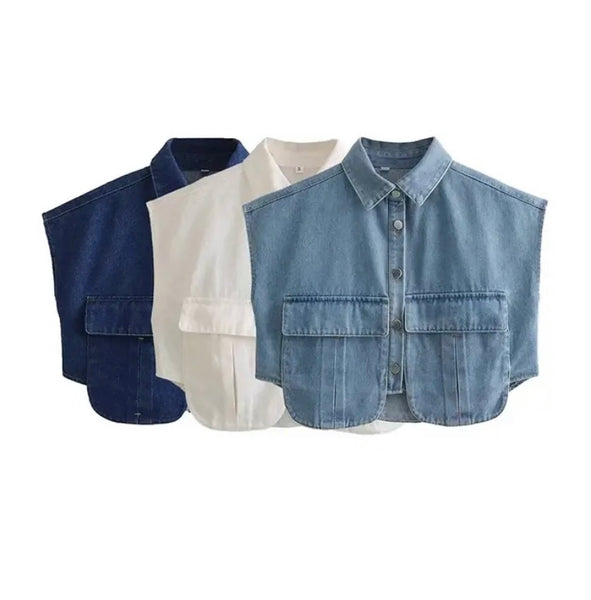 Women Fashion Sleeveless Button Up Denim Crop Top