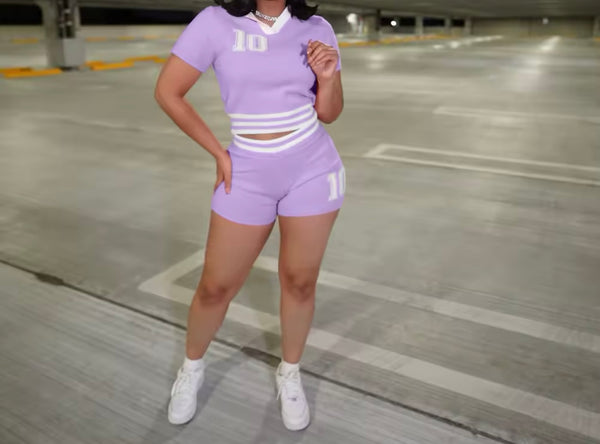 Women Fashion Number Short Sleeve Color Patchwork Two Piece Short Set