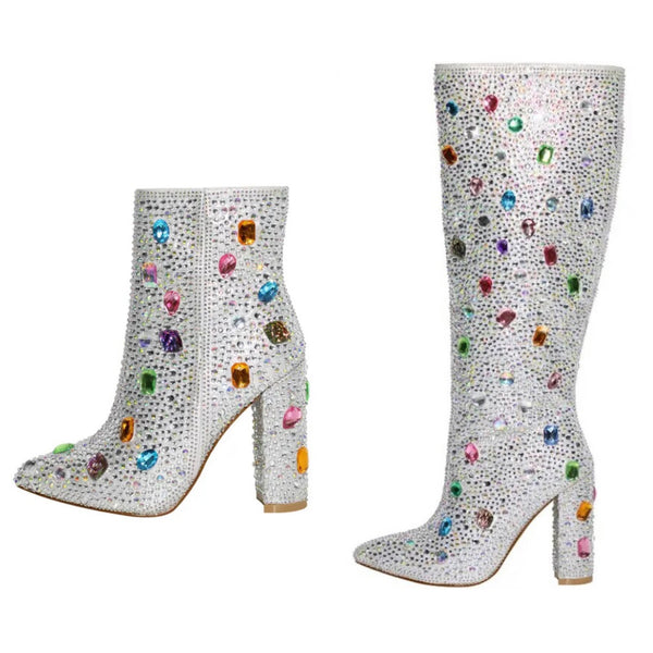 Women Fashion Silver Colorful Gem Ankle/Knee High Boots