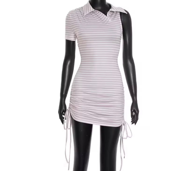 Women Sexy Collar Striped Short Sleeve Drawstring Dress
