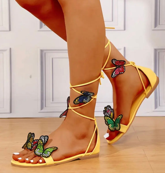 Women Fashion Yellow Butterfly Lace Up Flat Sandals