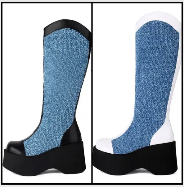 Women Fashion Denim Color Patchwork Platform Knee High Boots