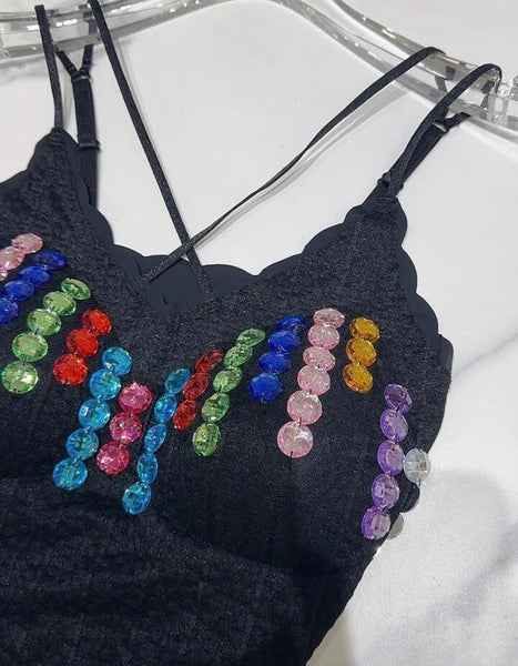 Women Sleeveless Colorful Rhinestone Crop Top