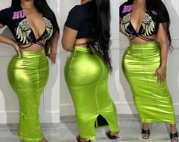 Women Sexy Green PU Fashion Maxi Skirt