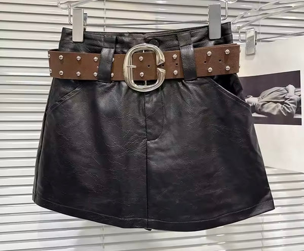 Women Rivet Belted Faux Leather Fashion Skirt