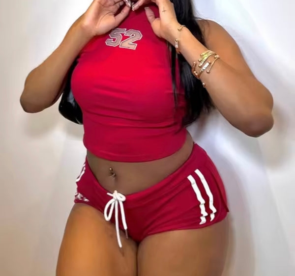 Women Sleeveless Number Print Fashion Striped Two Piece Short Set