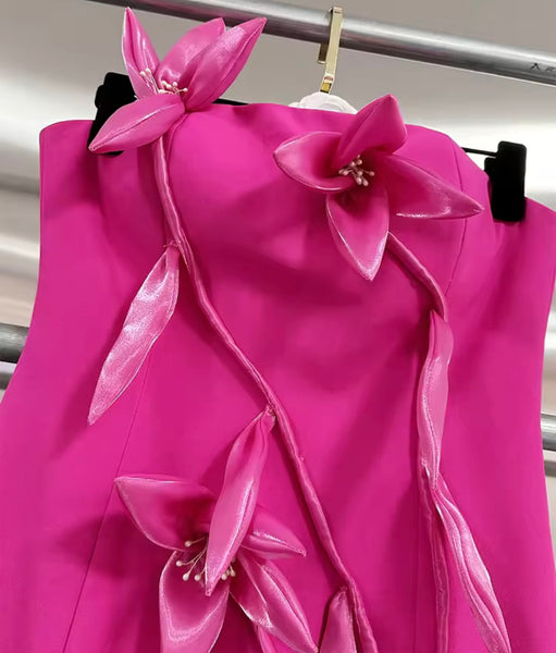 Women Sexy Strapless Pink 3D Floral Side Split Dress