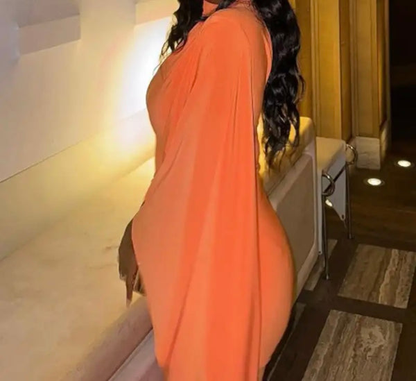 Women Sexy Orange One Shoulder Full Sleeve Maxi Dress