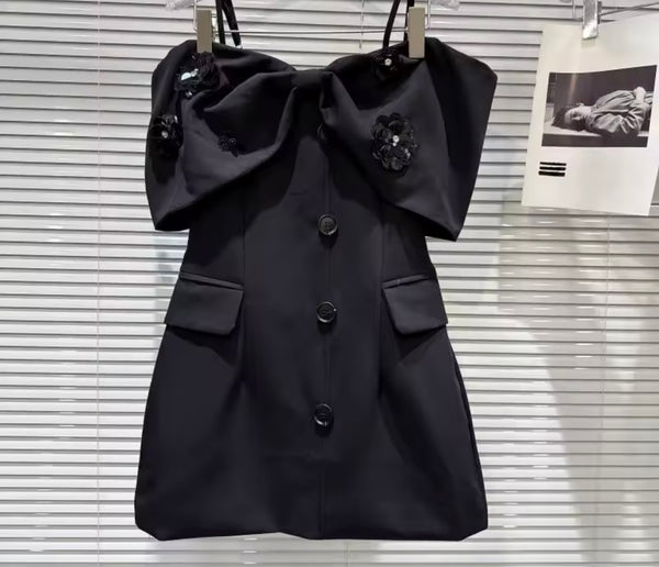 Women Black Bow Off The Shoulder Button Up Pocket Dress