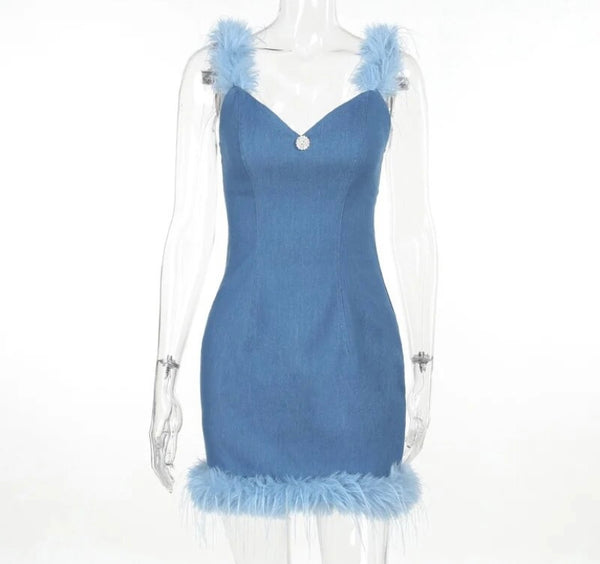 Women Fashion Feather Sleeveless Denim Dress