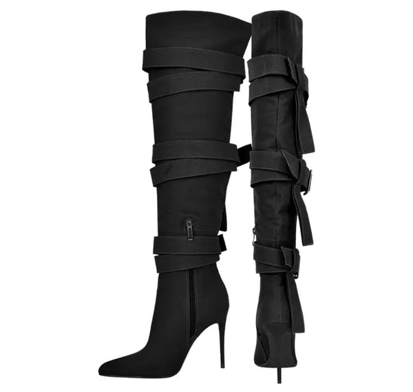 Women Buckled High Heel Fashion Knee High Boots