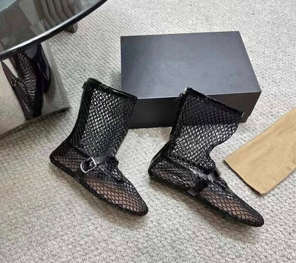 Women Fashion Netted Buckled Flat Ankle Boots