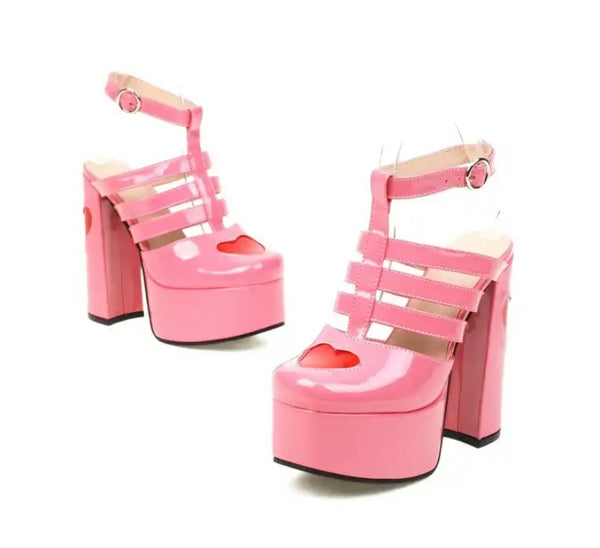 Women Heart Patent Leather Platform Fashion Shoes