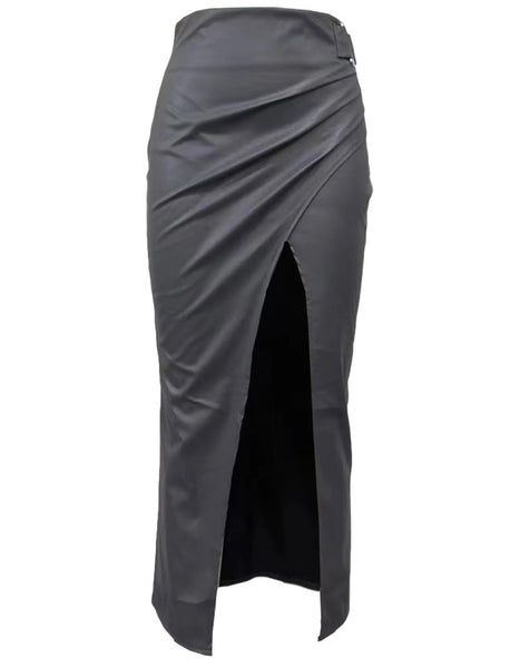 Women Sexy Solid Color Side Slit Faux Leather Maxi Skirt