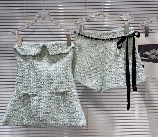 Women Color Strapless Tweed Two Piece Short Set