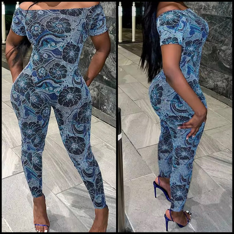 Women Sexy Off The Shoulder Short Sleeve Blue Printed Jumpsuit