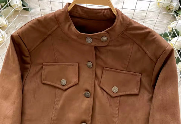 Women Fashion Brown Button Up Suede Jacket Two Piece Skirt Set