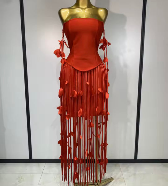 Women Sexy Strapless Floral Fringe Tassel Dress