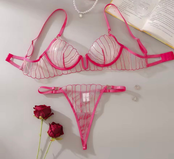 Women Sexy Pink Striped Mesh Lingerie Set