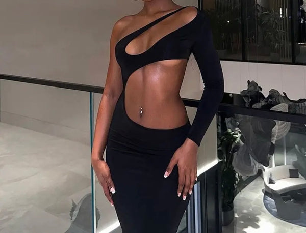 Women Sexy One Shoulder Full Sleeve Cut Out Maxi Dress