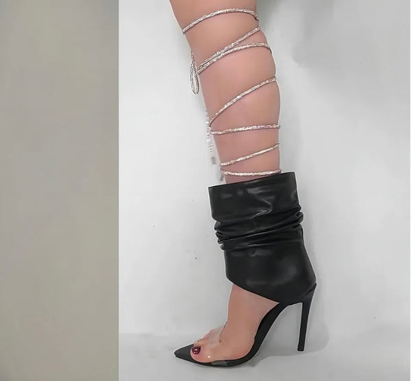 Women Open Pointed Toe Lace Up Faux Leather Ankle Boots