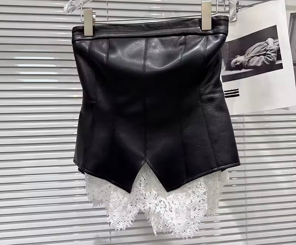 Women Sexy Black Strapless Lace Patchwork Two Piece Skirt Set