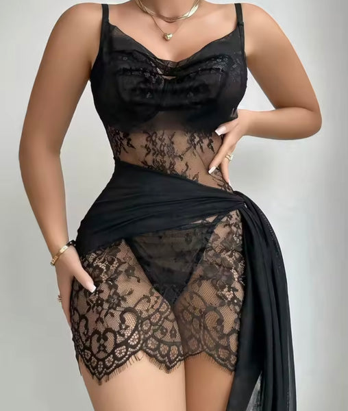Women Sexy Black Lace Mesh Nightgown Lingerie
