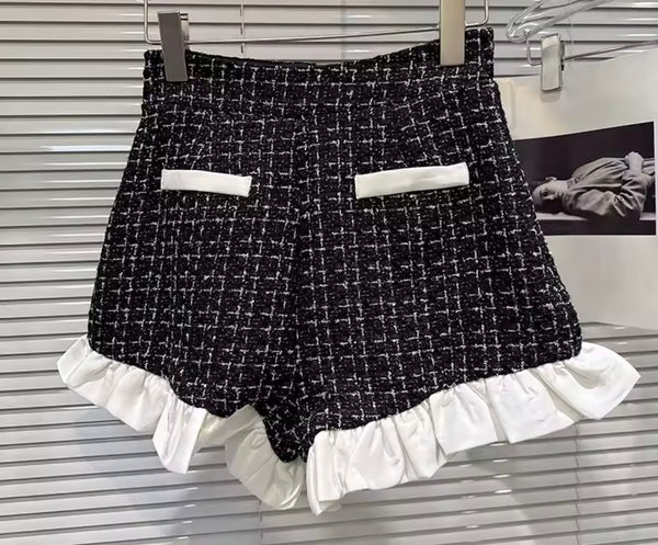 Women Tweed Full Sleeve Fashion Two Piece Ruffled Short Set