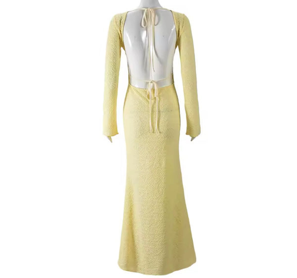 Women Yellow Lace Open Back Full Sleeve Sexy Maxi Dress