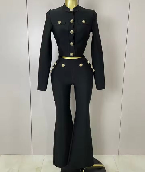 Women Black Button Up Full Sleeve Two Piece Pant Set