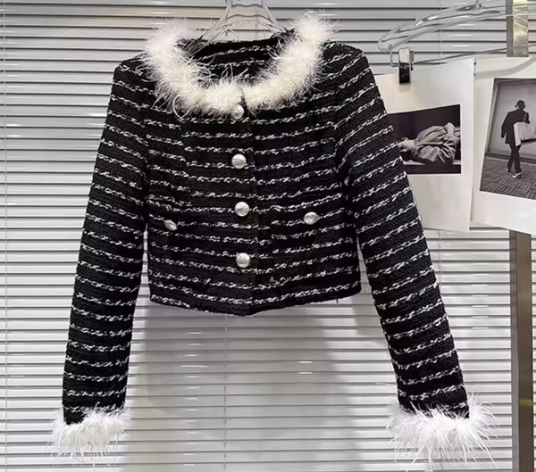 Women B&W Feather Button Up Blazer Two Piece Tweed Skirt Set