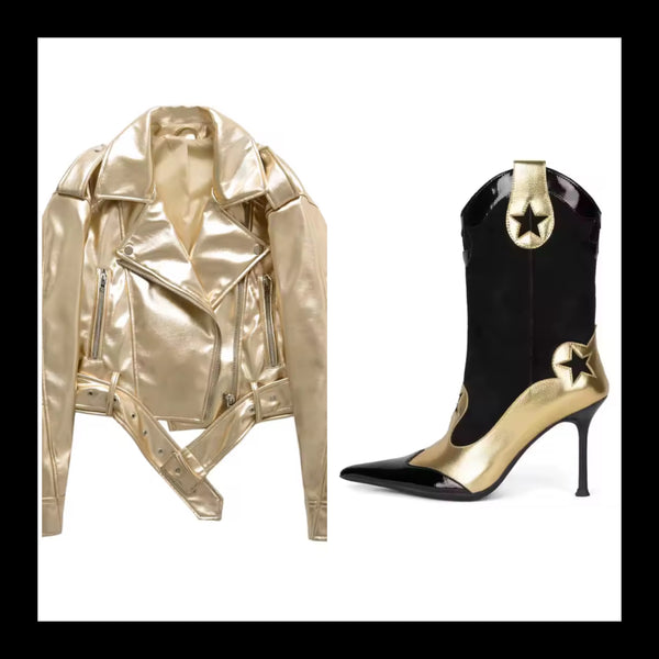 Women Gold Fashion Faux Leather Buckled Jacket
