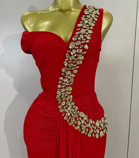 Women Elegant Rhinestone One Shoulder Sleeveless Maxi Dress