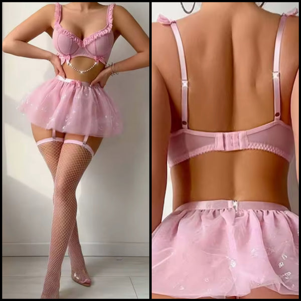 Women Sexy Pink Mesh Lingerie Set