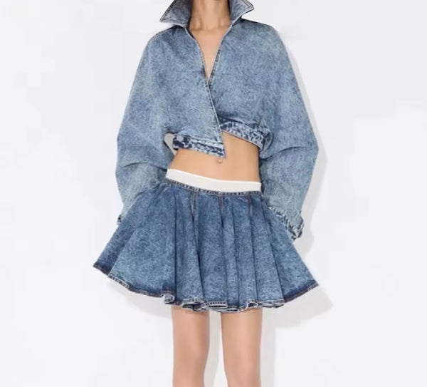 Women Fashion Full Sleeve Denim Two Piece Pleated Skirt Set