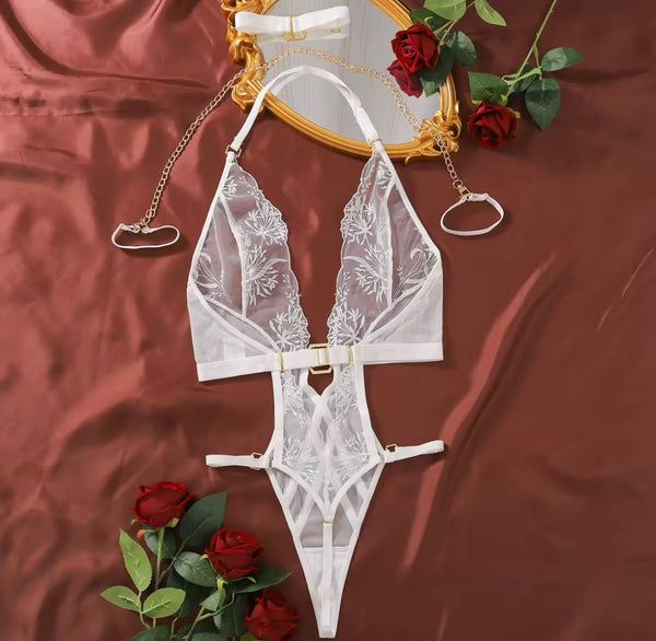 Women Sexy White Floral Mesh Halter Bodysuit Lingerie