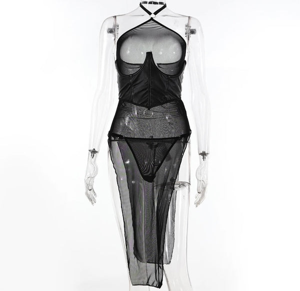 Women Sexy Sleeveless Black Mesh Corset Lingerie Set