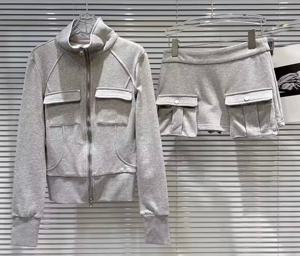 Women Gray Pocket Zip Up Fashion Two Piece Skirt Set