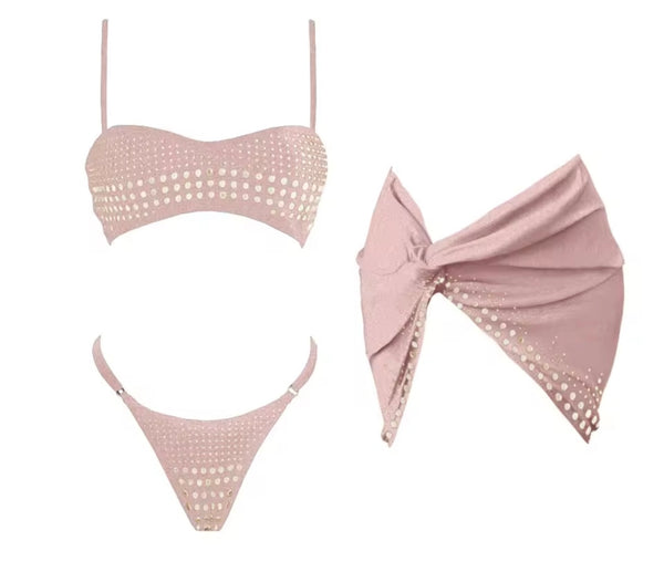 Women Sexy Color Rivet Bikini Cover Up Set