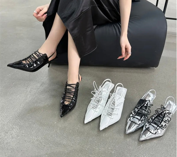 Women Pointed Toe Patent Leather Lace Up Shoes