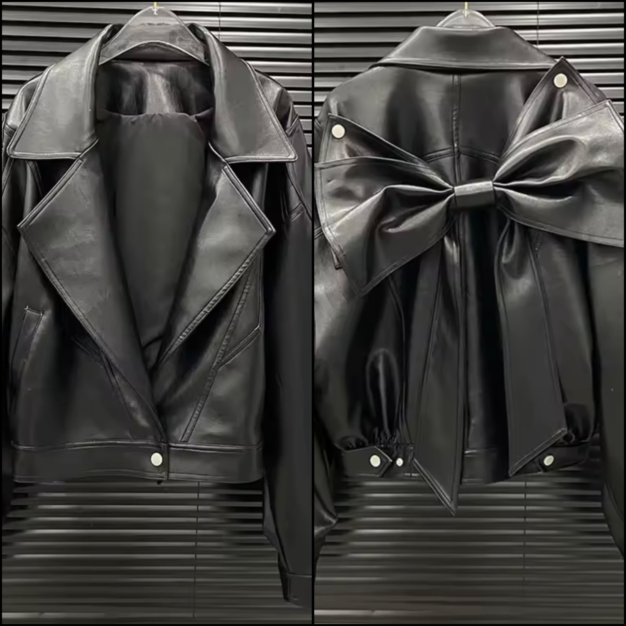 Women Black Detachable Bow Fashion Faux Leather Jacket