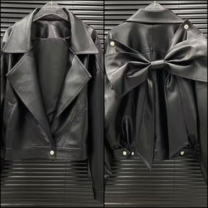 Women Black Detachable Bow Fashion Faux Leather Jacket