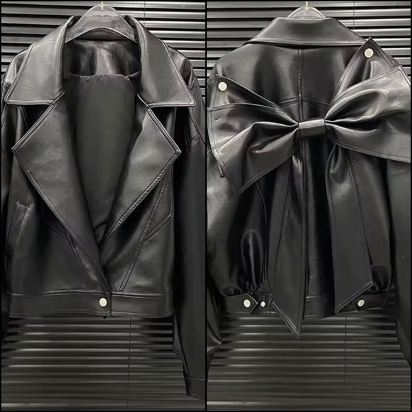 Women Black Detachable Bow Fashion Faux Leather Jacket