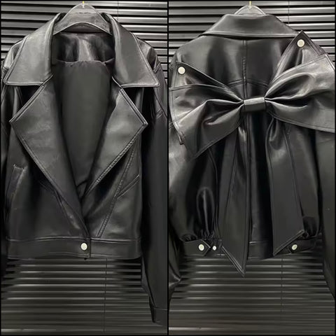 Women Black Detachable Bow Fashion Faux Leather Jacket