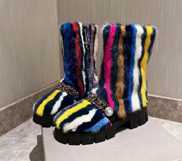 Women Fashion Multicolored Bling Faux Fur Boots