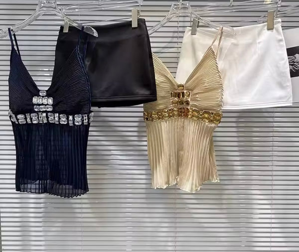 Women Bling Sleeveless Tank Two Piece Sexy Skirt Set