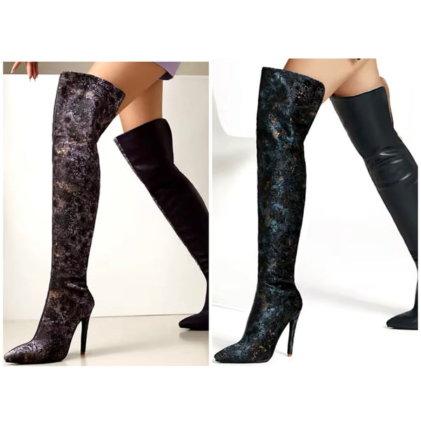 Women Fashion Knee High Printed Patchwork Faux Leather Boots