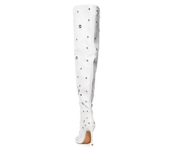 Women White Silver Metal Patchwork Knee High Boots