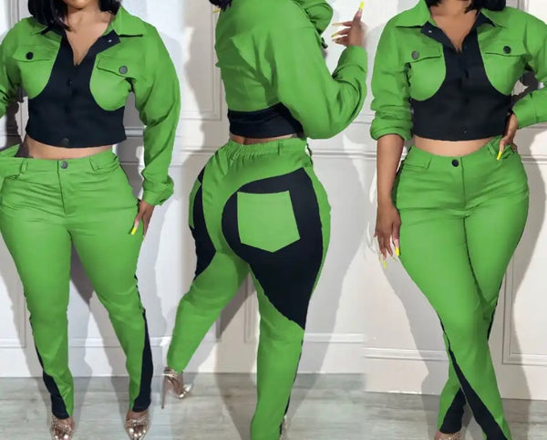Women Fashion Color Patchwork Full Sleeve Button Up Pant Set